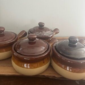 4 Vintage Brown Glazed French Onion Soup Crocks with Lids Handled Ceramic Bowls